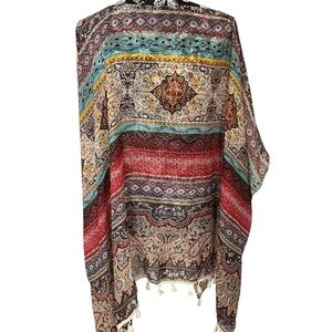 Anne French 0S semi sheer multicolored kimono / cover up fringe detail